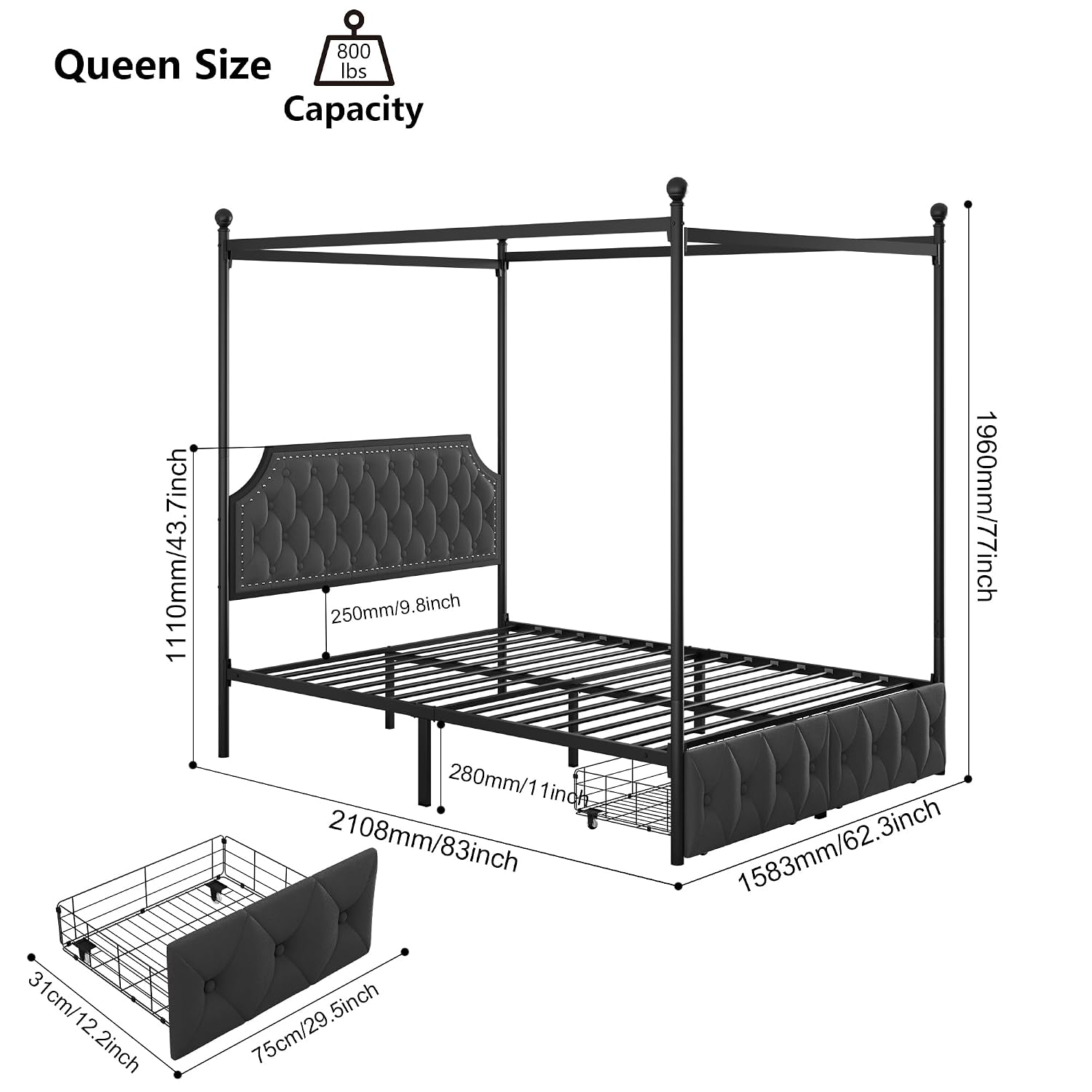 Canopy Bed Frame Metal Queen - Каркас кровати Queen с балдахином, выдвижными