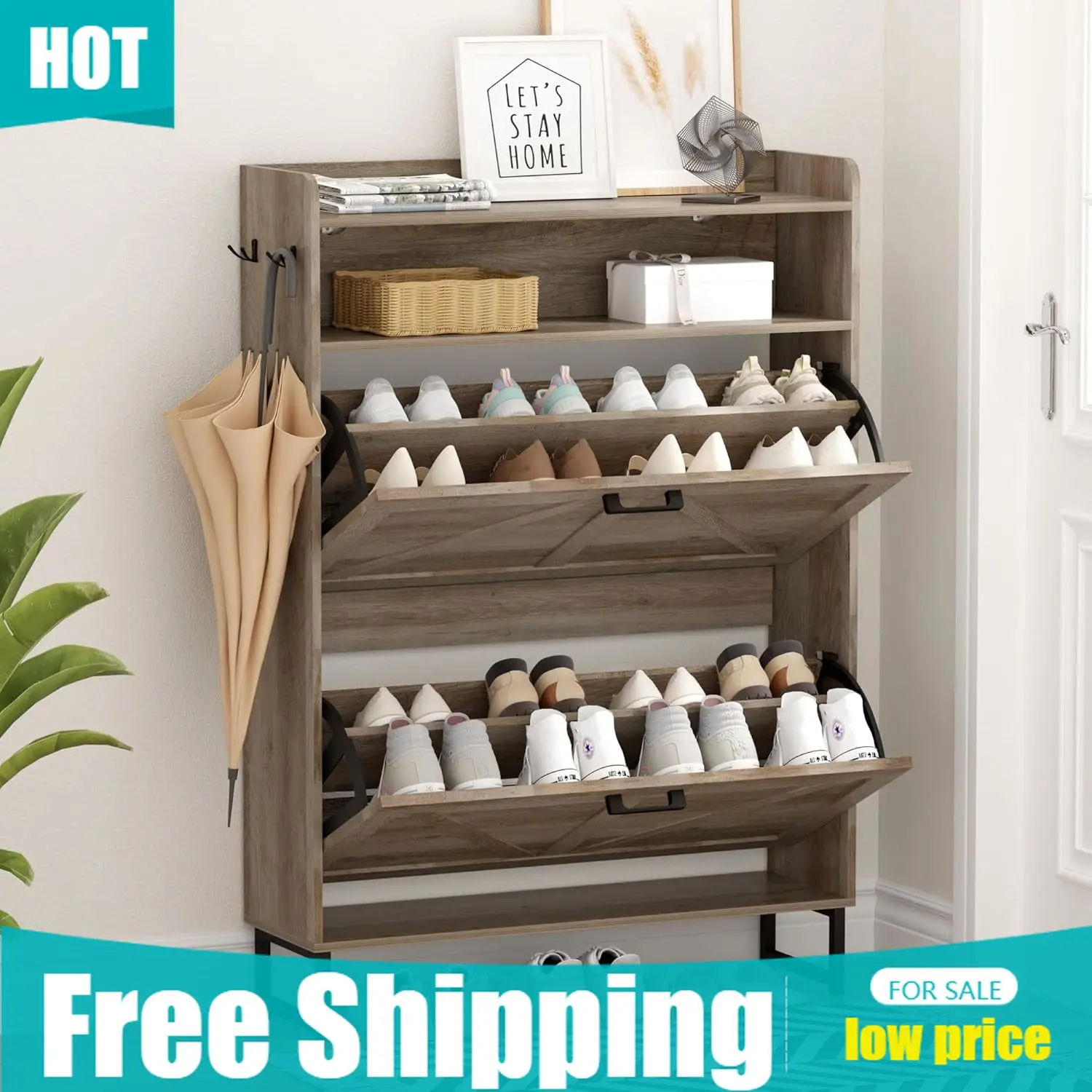Shoe Rack Cabinet Narrow Entryway - Шкаф для обуви с 2 откидными