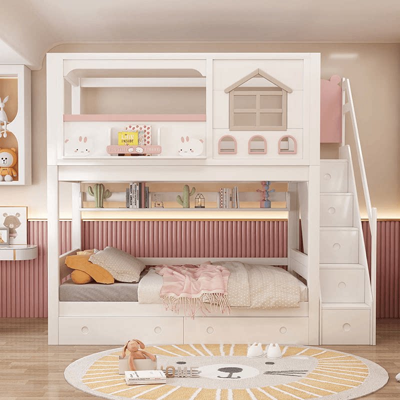Современная розовая двухъярусн – обзор и цена Bunk Bed With Stairs And Slide